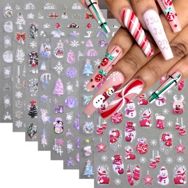 8 Pcs Snowflake Nail Stickers 5D Embossed Self-Adhesive Xmas Snowball Nail Decals Christmas Tree Nail Art Stickers Lantern Ball Holly Leaf Snowmen Nail Supplies for Women Winter Holiday DIY Manicure