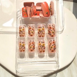 Short Press on Nails Flower Square Fake Nails Spring Summer Orange Fresh Small Flower Acrylic Nails, Artificial Short Glue on Nails, Colored Flower Designs False Nails, Fashion Glossy Stick on Nails