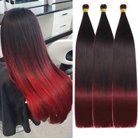 Locescsoc 24 Inch Bone Straight Braiding Hair 150g 3 Packs Straight Hair Extensions, Black Red Ariel Straight Ponytail Hair Bundles, Ombre Soft Synthetic Hair for Women