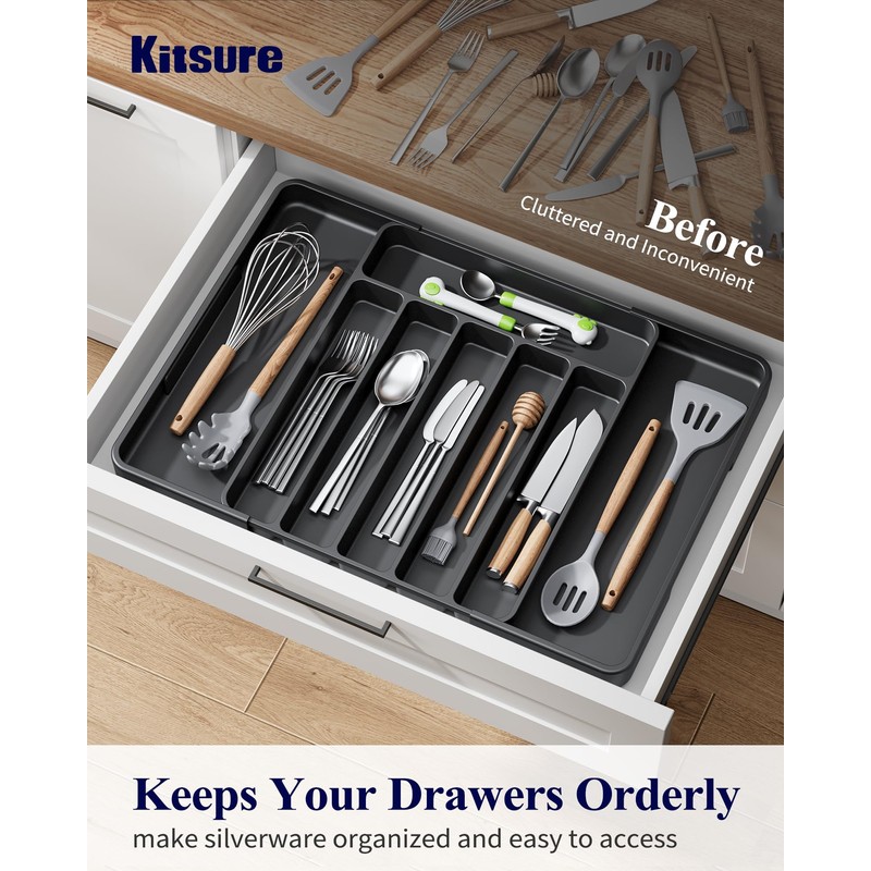 Kitsure Large Cutlery Organizer - Adjustable Silverware Utensil Drawer Organizer