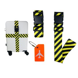 Aymaosen Suitcase Straps, Eye-catching Suitcase Strap, Colourful, Suitcase Straps 2 Pieces + 1 Luggage Tag (Black and Yellow Stripes)