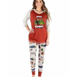 LazyOne Women's Soft Casual Pajama Leggings and Tall Tee Sets with Cute Fun Prints, Bear (Happy Camper, Medium)