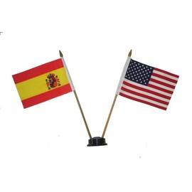 USA & SPAIN ESPANA Small 4 X 6 Inch Mini Double Country Stick Flag Banner with BLACK STAND on a 10 Inch Plastic Pole .. New