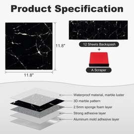 Peel and Stick Backsplash Tile – 12-Pack 11.8"x11.8" Black Marble Look, Self-Adhesive Waterproof Wall Panels for Kitchen, Bathroom, and RVs, Grout-Free with Scraper Tool by KIJOU
