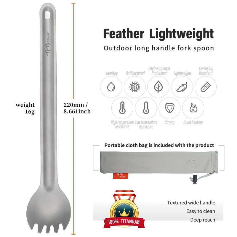 TiTo Titanium Long Handle Spork and Spoon Eco-Friendly Ultralight Portabale