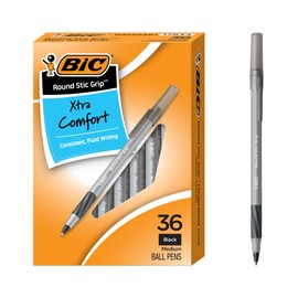 BIC Round Stic Grip Xtra Comfort Black Ballpoint Pens, Medium Point (1.2mm), 36-Count Pack, Perfect Writing Pens With Soft Grip for Superb Comfort and Control