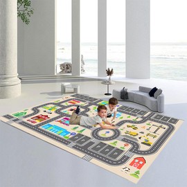 ZFHNYJWKL Children's Play Mat, Car, Boys & Girls Rug, Road Rug, Building Rug, City City Learning Area Rug, Educational Non-Slip for Children's Room, Grey, Blue, Green (C, 80 x 120 cm)