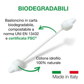 COTTON SOUND Eco Cotton Buds Baby 1 Bag x 60 Pieces, Cotton Buds for Children, Ecological and Biodegradable Cotton Sticks, 100% Hydrophilic Cotton, Compostable Bag, Made in