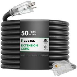 PLUGTUL 10 Gauge Extension Cord 50FT, Black Outdoor Extension Cord with Lighted End, Heavy Duty,15A 1875W SJTW, ETL Listed