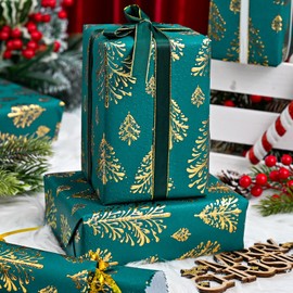 Flyhill Kraft Christmas Wrapping Paper-Green 3D Embossed Gold Foil Christmas Pine Tree with Woodlands for Birthday,Holiday,Party (17 Inch X 33 Feet,46.8 Sq.ft)