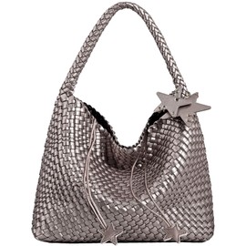OUYGZOU Woven Tote Bag for Women, Shoulder Handbags, Beach Hobo, Handwoven Satchel Underarm Bag, Top-Handle Bag With Purses (Ancient Silver)
