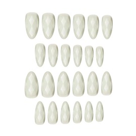 3D Rhombus Press on Nails Medium Almond Shaped Fake Nails Light Green Acrylic Nails Glossy Pure Color False Nails with Grid Stripes Design Full Cover Stick on Nail for Women Girls 24Pcs