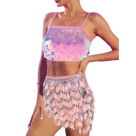 Zoestar Sequin Rave Outfits Belly Dance Sequin Skirt Sequin Crop Top Shiny Festival Concert Skirt for Women and Girls, Pink Colorful, One Size Short