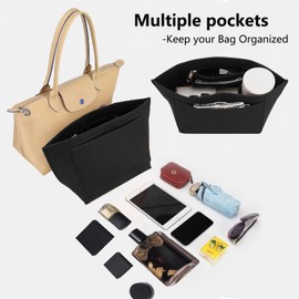 Handbag Organiser, Wallet Organiser for Longchamp, Felt Bag Organiser with Multiple Pockets, Large Capacity Handbag Insert, Purse Accessories for Longchamp Carry Bag (Black, M)