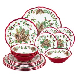UPware 16-Piece Melamine Dinnerware Set, Includes Dinner Plates, Salad Plates, Dessert Plates, Bowls, Service for 4 (Pinecones)