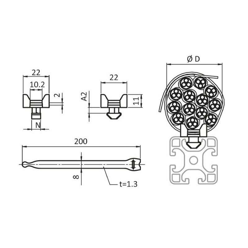 Cross Cable Tie Block, Slot 8, A2 = 4.4 mm,