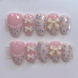 30Pcs Bow Press on Nails Short Almond Fake Nails Blue Flower French Tip False Nails with 3D Pearl Design Cute Bow Glue on Nails Glossy Full Cover Reusable Acrylic Nail for Women Manicure Decorations
