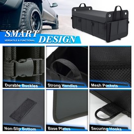 K KNODEL Car Trunk Organizer, Foldable Cover, Heavy Duty Collapsible Truck Storage Organizer, Car Cargo Trunk Organizer with Lid, 3 Compartments, with Straps (Black)