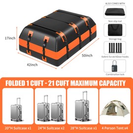 21 Cubic Feet Car Rooftop Cargo Carrier Bag,100% Waterproof Heavy Duty 840D Rooftop Cargo Bag for All Vehicle with/Without Racks,Includes Anti-Slip Mat,6 Door Hooks,Luggage Lock and Storage Bag