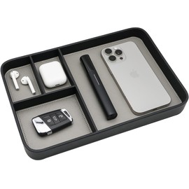 PU Leather Valet Tray, Stylish and Organized Entryway Bedside Desk Tray, EDC Catchall Tray for Phone Keys Watch Wallet Jewelry (Black)