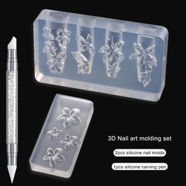 FSpronail Silicone Nail Molds, 2PCS Reusable Clear 3D Flowers Nail Art Molds with Carving Pen Cherry Blossom Plumeria Hibiscus Flower Nail Design Manicure Template DIY Charms Resin Craft Accessories