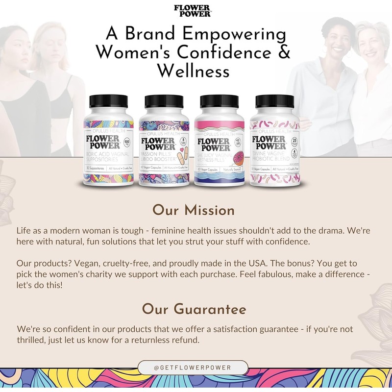 Flower Power Boric Acid Suppositories for Women - 30 Capsules