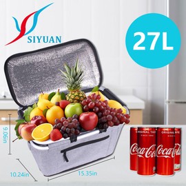 Picnic Basket, SIYUAN Collapsible Shopping Basket Insulated with 2 Handles 27L Large Cooler with Lid Portable Folding Grocery Market Tote Bag, Grey