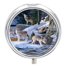 Small Travel Pill Case, Round Metal Pill Box for Pocket Purse, 3 Compartment Portable Pill Holder, Mini Pill Organizer for Travel or Daily - Wolf