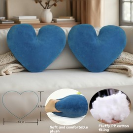JZNEXD 2 Pcs Blue Heart Pillow Decorative Throw Pillows 16-inch Cute Soft Fluffy Heart Shaped Pillows for Bed Couch Sofa Bedroom Living Room Decor Aesthetic (Blue, 16"x13.78")