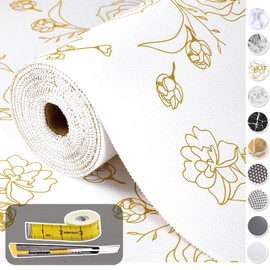 Shelf Liners for Kitchen Cabinets 12in x 20FT Non Adhesive Drawer Liner Gold Floral Thickened Shelf Liner Paper Strong Non-Slip Easy to Clean for Tool Box Refrigerator with Knife and Tape Measure