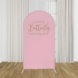 KONPON A Little Butterfly is On The Way Arch Backdrop Cover 7.2FT Butterflies Theme Stretchy Spandex Arch Stand Cover for Girls Princess Baby Shower Party Decoration (Pale-Pink)