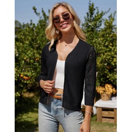 GRACE KARIN Women's V-Neck Short Cardigan Lace Patchwork 3/4 Sleeve Cardigan Zip Knitwear, black