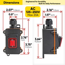 Waterproof Inline Rocker Switch Box AC 110–250V 20A Lighted ON/Off Power Toggle Switch for Equipment & Automotive, Outdoor Heavy-Duty Controller with PG9 Cable Glands Fit 4–8mm Wire (One-Side, Red)