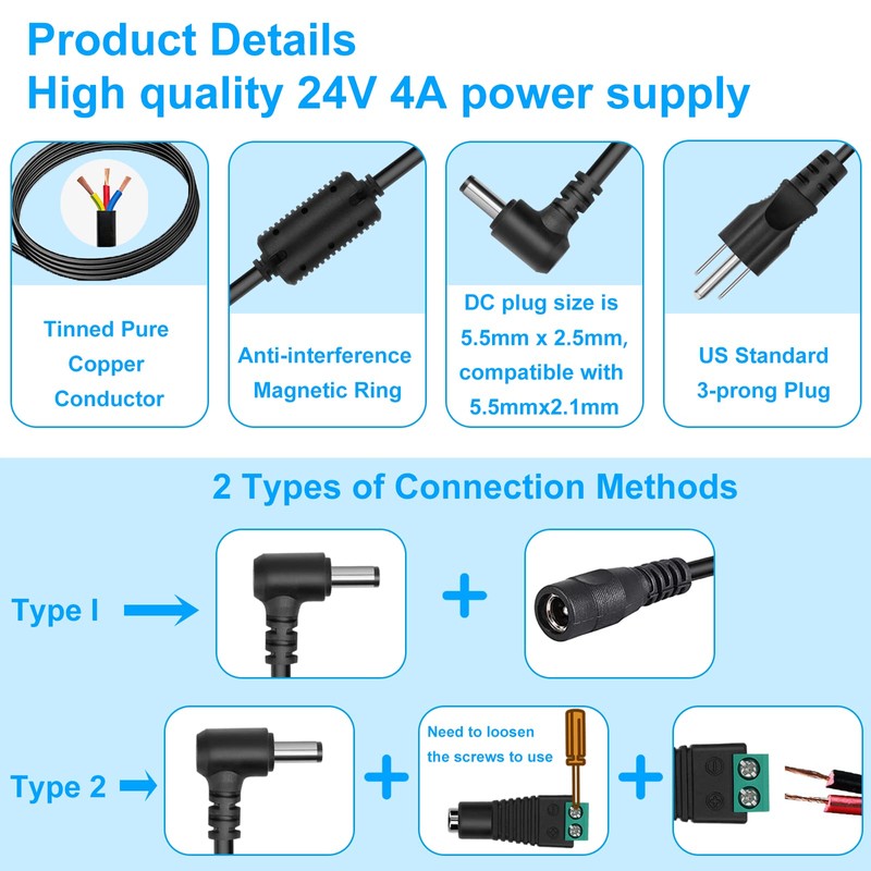 HOUHUI 24V 4A Power Supply Adapter, AC 100-240V to DC