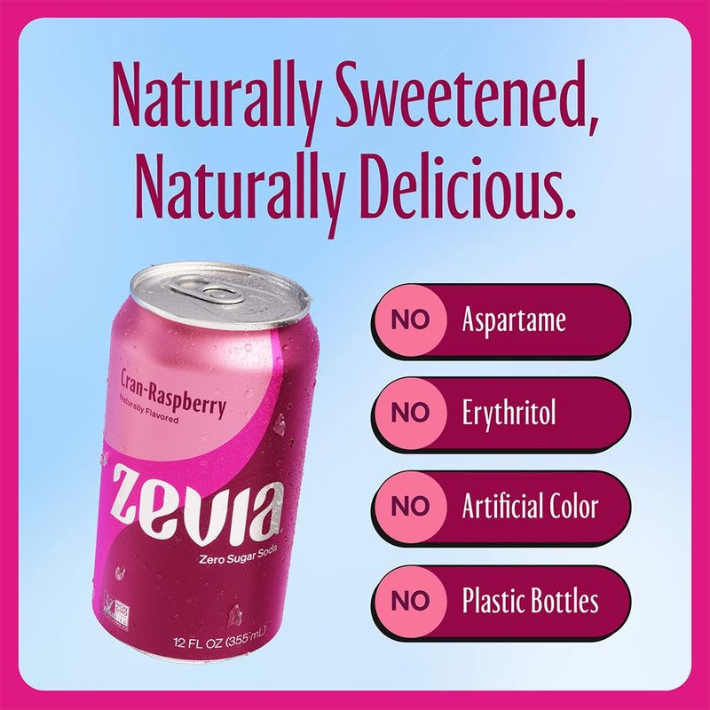 Zevia Zero Sugar Soda, Cran-Raspberry, 12 oz Cans (24-Pack) –