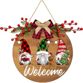 BORAMDO Christmas Wooden Gnome Welcome Sign for Front Door, 12 Inch Rustic Christmas Wood Welcome Hanging Sign Porch Sign, Round Christmas Gnome Door Hanger for Farmhouse Holiday Indoor Outdoor