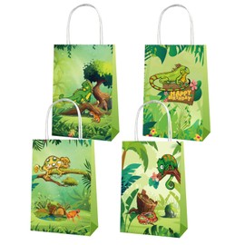 Chilfamy Reptile Party Favors Bags, 16pcs Lizard Birthday Party Treat Bags with Handles, Lizard Candy Goody Gifts Bags for Kids Reptile Jungle Wild Camping Theme Party Supplies