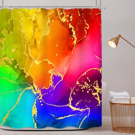Mitpok Abstract Colorful Marble Shower Curtain 60Wx72H Modern Rainbow Ombre Swirl Elegant Gold Tie Dye Ink Texture Luxury Minimalist Unique Bathroom Decor Aesthetic Bath Curtain Polyester 12 Pack Hook