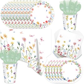 141Pcs Wildflower Party Decorations Spring Floral Birthday Decorations for 20 Guests - Tableware Plates and Napkins Forks Cups Straws Tablecloch for Baby Shower Party Decorations