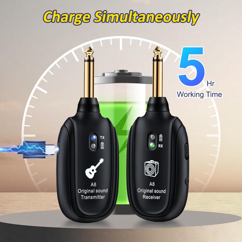 A8 Wireless Guitar Transmitter Receiver System, 2.4GHz Rechargeable, 24-bit/48KHz Audio,