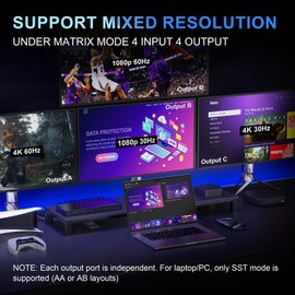 4x4 HDMI Matrix 4K 60Hz, PORTTA 4 in 4 Out Switch Splitter with ARC, Toslink 3.5mm Audio Extractor, 16 EDID Modes, 4K Downscale, and IR Remote Support HDMI 2.0b, HDCP 2.3/2.2/1.4, HDR, 18Gbps