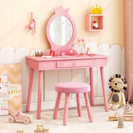 HONEY JOY Pink Crown Makeup Vanity, Includes Chair & Real Glass Mirror, Large Engineered Wood Kids' Vanity Set, Safe & Sturdy, Easy to Install & Clean, Pink