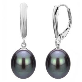 Freshwater Cultured Black Pearl Earrings Sterling Silver Leverback 9-9.5mm