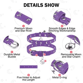 DILLYBUD Leather Dog Collar for Puppy Small Medium Dogs, Adjustable Star Moon Rivet Studded Pet Collars with Rust-Proof Metal Buckle and Charms, Dog Collars for Boy and Girls, Size 12-15" Purple