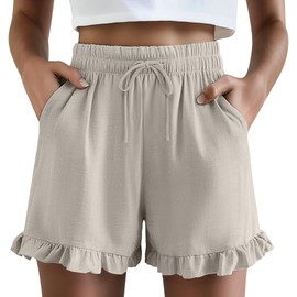 Neer Women's Linen Short, Ruffle Casual Summer Short Drawstring Elastic Waist Beach Lightweight Cute Outfit with Pockets(Flaxen,XX-Large)