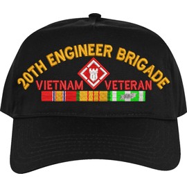 MilitaryBest 20th Engineer Brigade Vietnam Veteran Imported High Profile Black Embroidered Cap with Ribbons