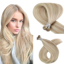 YoungSee Nano Ring Hair Extensions Human Hair Blonde 14inch Keratin Nano Tip Human Hair Extensions Highlights Ash Blonde with Blonde Nano Hair Extensions Human Hair Natural Hair 50grams 50strands