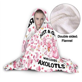 Axolotls Hooded Blanket Gift for Girls Women Plush- Girl Loves Axolotls Comfy Throws Cute Animals Fish Decor Design-50 x40 for Kids Soft Flannel Wearable Blankets for Couch Chair Travel