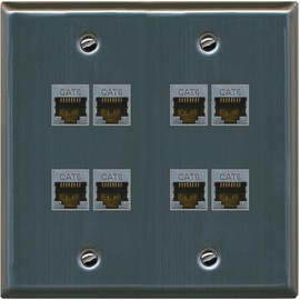RiteAV - Cat6 Shielded Wall Plate 8 Port - Flat 2 Gang [Stainless Steel]