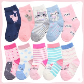 CHUNG Toddler Little Girls Crew Socks Cotton Novelty Sports Casual Daily Fun Cute Animal Pupil Students School Back, 10 Pack, Cat, 6-8Y